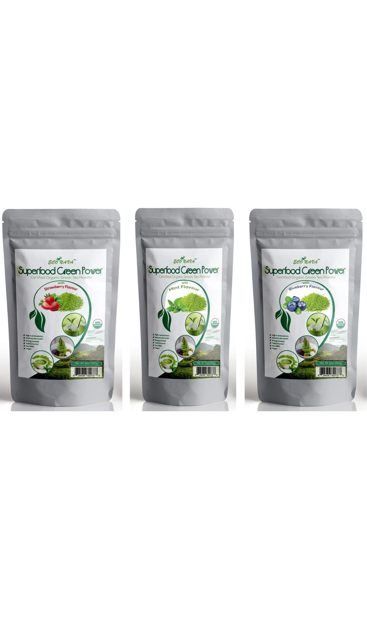 Flavored Matcha Powder 200g bundle includes Strawberry, Blueberry And Mint Natural Flavors