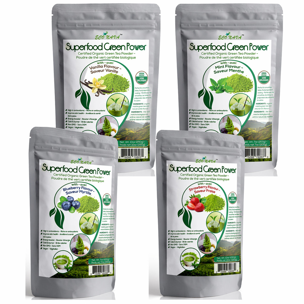 Econava Organic Matcha Green Tea Powder set of 4 Flavors - Vanilla, Blueberry, Mint, Strawberry(50g/2oz)