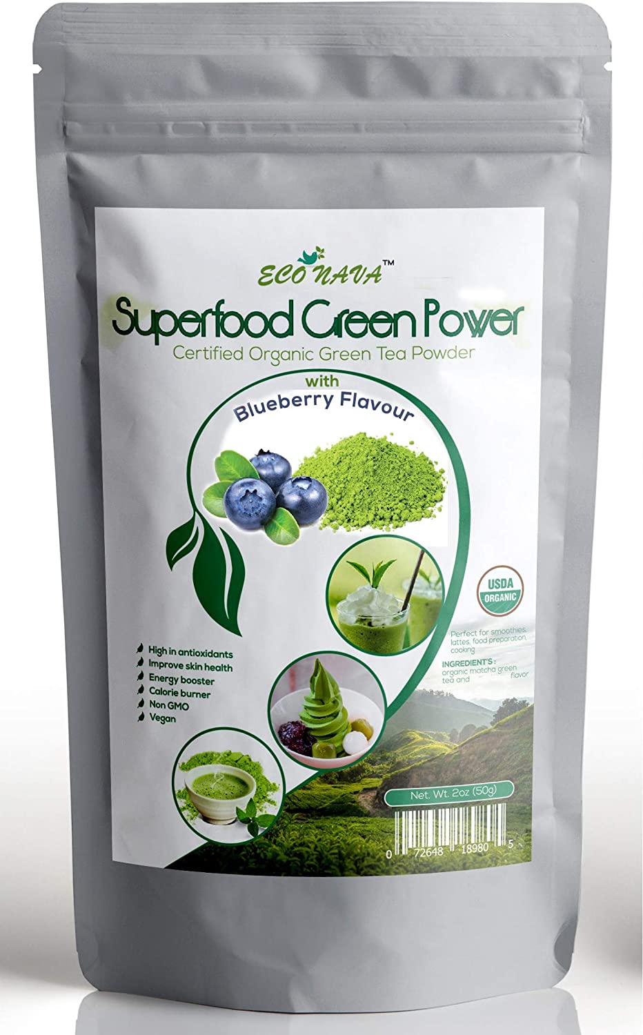 Econava Organic Matcha Green Tea Powder set of 4 Flavors - Vanilla, Blueberry, Mint, Strawberry(50g/2oz)